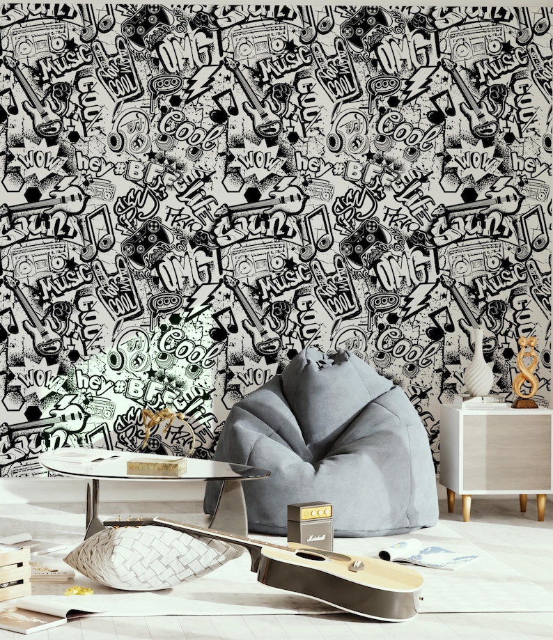 Puede incluir: Papel tapiz gr&aacute;fico en blanco y negro con un tema musical. El papel tapiz presenta notas musicales, guitarras y palabras como "M&uacute;sica", "Cool" y "OMG".