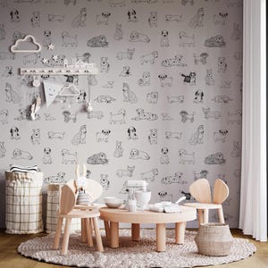 Dog Peel and Stick Wallpaper, Cute Removable Black & White Dog Sketch Wallpaper, Nursery Kids Room Decor, Dog Wall Art