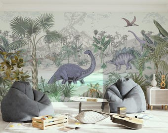 Kids Wallpaper, jurassic Dino Wall Mural Peel and Stick Wallpaper, Trex Wallpaper, Jurassic Watercolor Dinosaur Wallpaper Peel and Stick #65