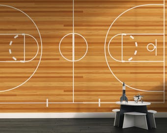 Basketball Court Wallpaper Backboard Wall Mural Peel & Stick Removable Wallpaper Wooden Floor Wall Art Basket, Boys Bedroom, Game Room Sport