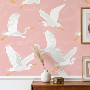 Art-Deco-Rosa-Reiher-Tapete - Reiher-Wandbild im japanischen Stil, stimmungsvoller Vogel-Wandbild, abziehen und aufkleben