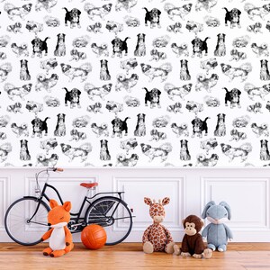 May include: Black and white illustration of various dog breeds in a repeating pattern. The dogs are drawn in a simple, stylized manner and are arranged in a grid pattern. The background is white.