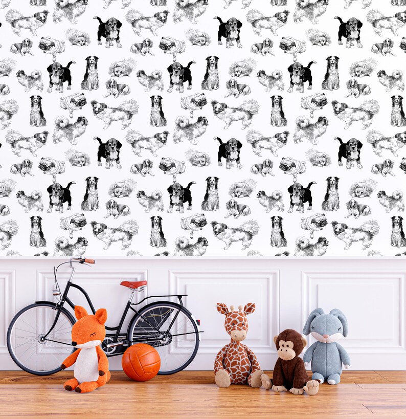 May include: Black and white illustration of various dog breeds in a repeating pattern. The dogs are drawn in a simple, stylized manner and are arranged in a grid pattern. The background is white.