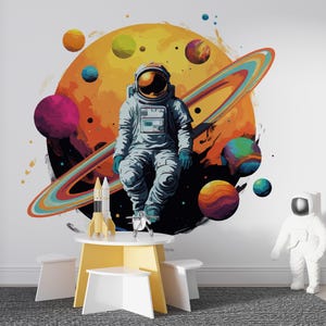 Astronaut Space Wallpaper, Colorful Graffiti Street Art? Planets Wall Art Mural Urban Streat Art Modern Deco Peel and Stick Décor