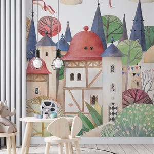 Mural de papel tapiz con paisaje urbano caprichoso, papel tapiz de ciudad colorida, decoración de pared con estilo de acuarela encantadora para papel tapiz de guardería