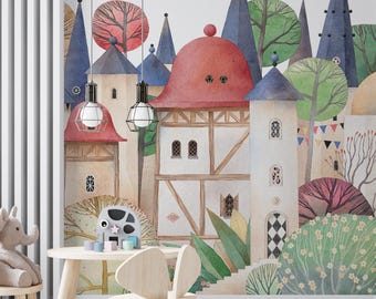 Mural de papel tapiz de paisaje urbano caprichoso, papel tapiz de ciudad colorida, decoración de pared encantadora de estilo acuarela para papel tapiz de guardería