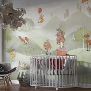 Papier peint animaux des bois, papier peint autocollant, décoration murale auto-adhésive pour enfants, sticker forêt décoration murale, papier peint forêt pour chambre d'enfant