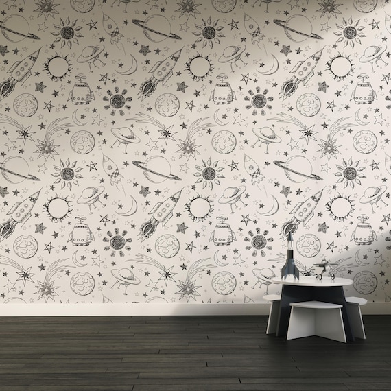 Space and Planets Nursery Wall Mural, Galaxy Wallpaper Peel and Stick, Kids Wallpaper Child Room Decor, Space Galaxy Wallpaper