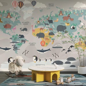 Weltkarte Kinder Tapete, Schälen und Stick Karte Abnehmbarer, Selbstklebende Kinderzimmer Tapete, Kinderzimmer Wandbild Tiere Karte