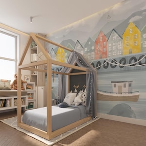 Lighthouse Kids Wallpaper, Seaside Town Wallpaper For Kidsroom, Sea Wallpaper Nursery, Ships and Boats Childrens Wallpaper