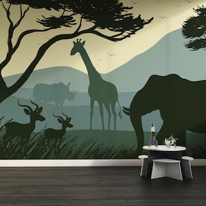 Safari Animals Wallpaper Boy Room, Jungle Wall Mural, Children Room Decor, Giraffe and Elephant Wall Mural Removable, Safari Wallpaper
