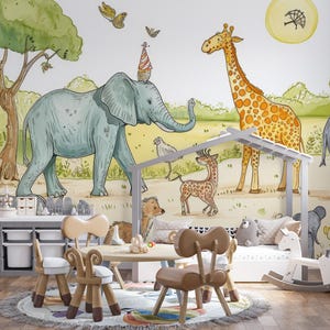Aquarel safaridieren verwisselbaar behang, muurschildering jungledieren, kinderkamer jungledieren behang, kinderbehang jungledieren
