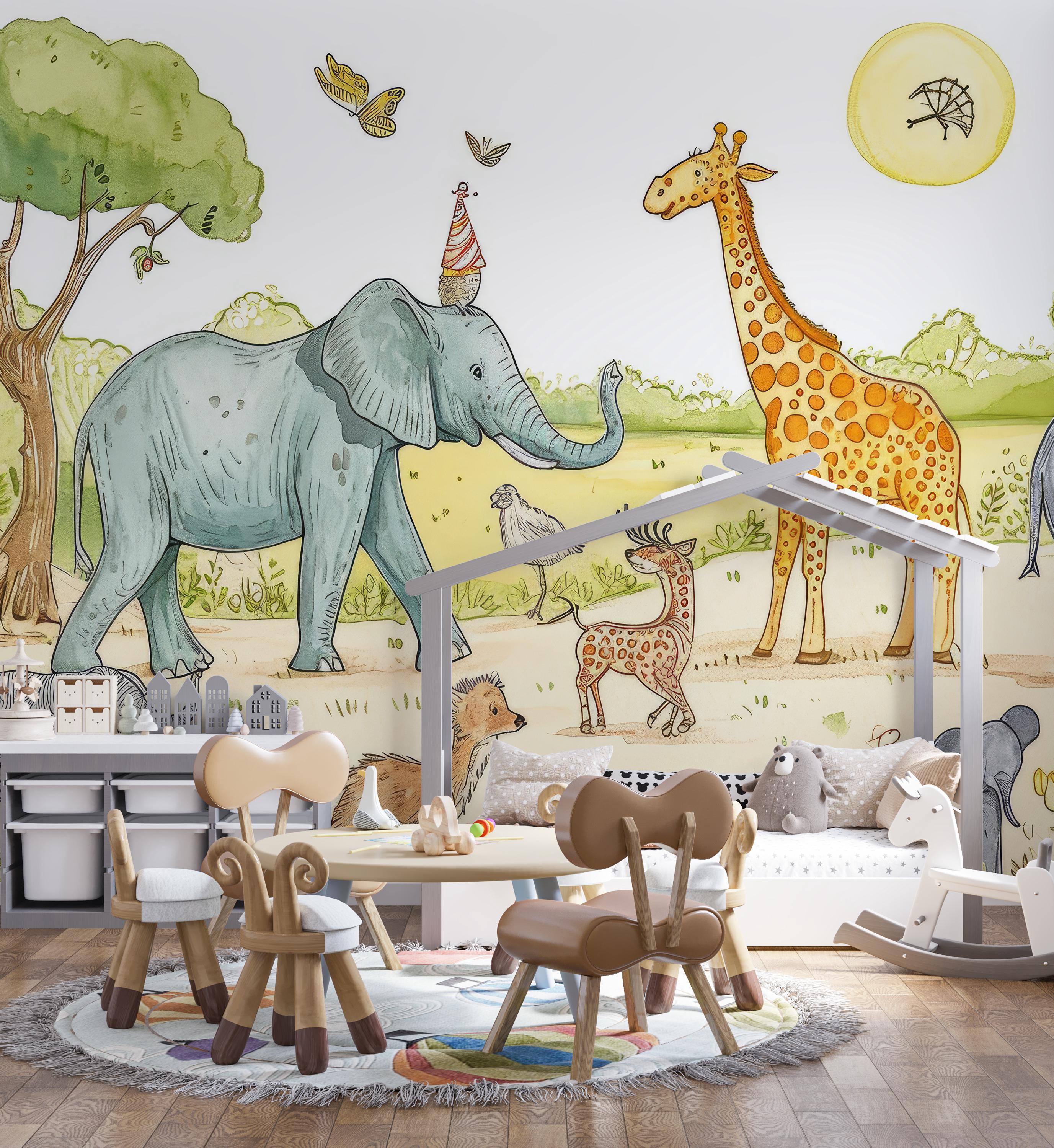 Watercolor Safari Animals Removable Wallpaper, Jungle Animal Wall Mural ...