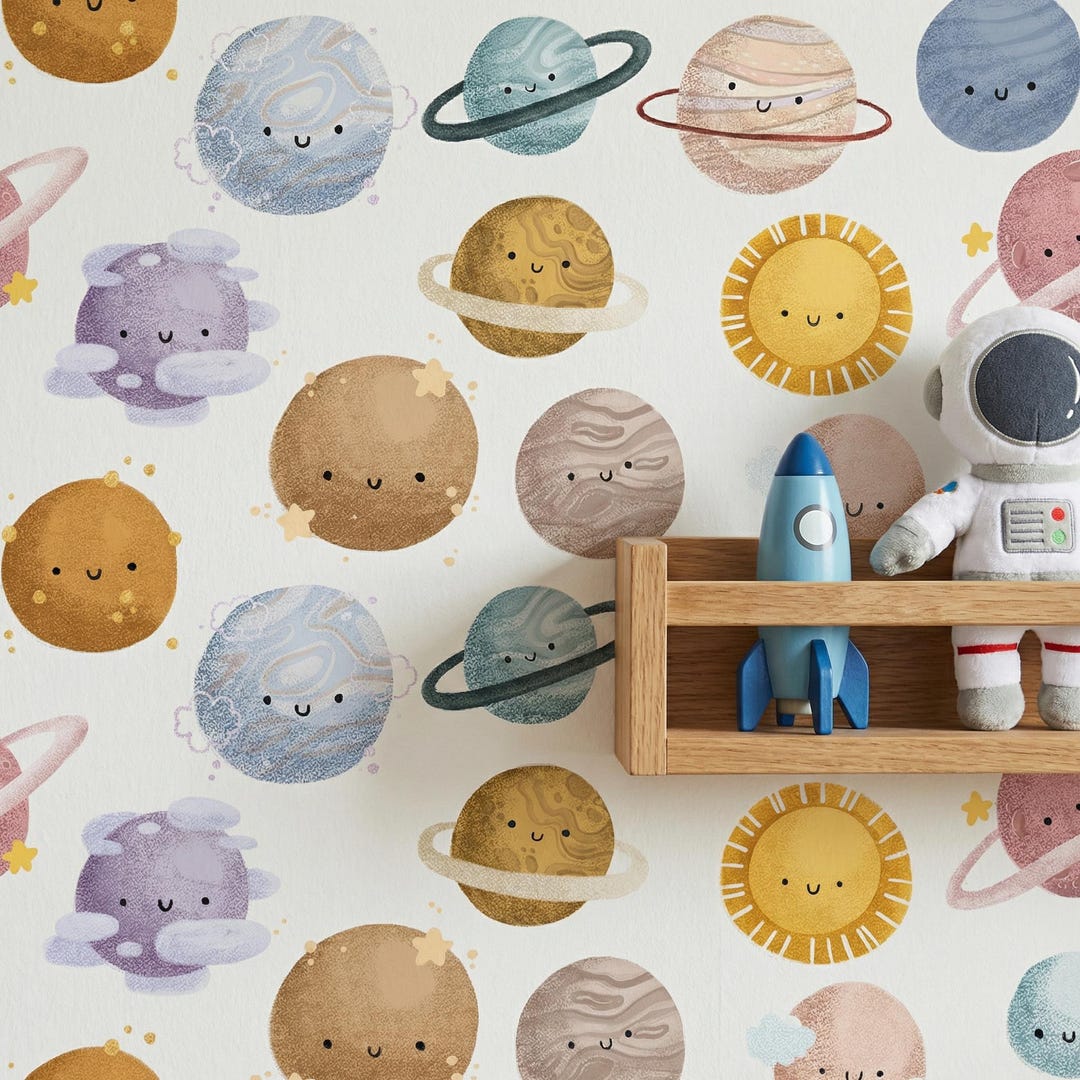 Planets Wallpaper for Kids Room - Celestial Space Nursery Mural, Galaxy ...