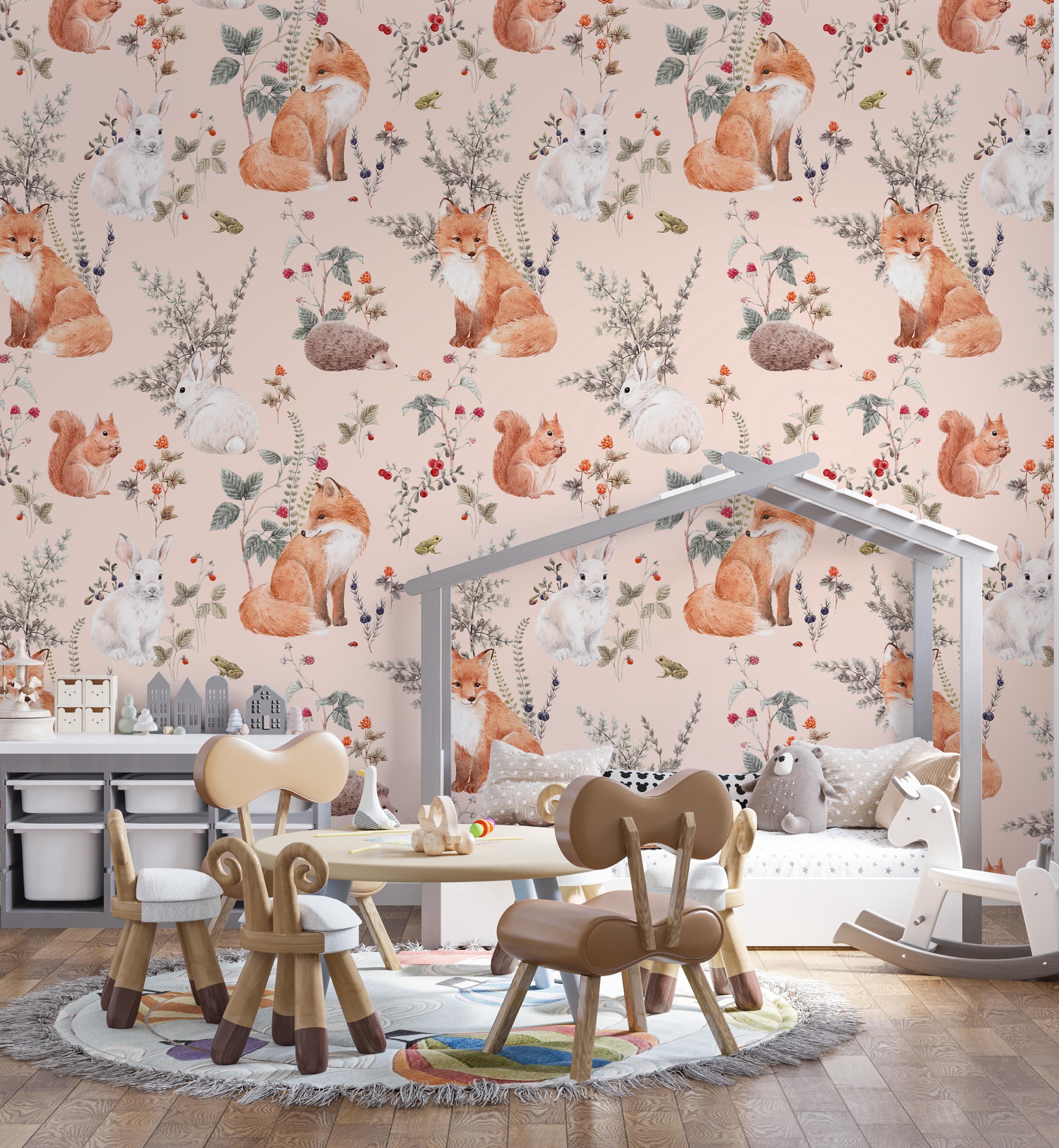 Woodland Animals Wallpaper, Nursery Decor Woodland, Wallpaper With Fox ...