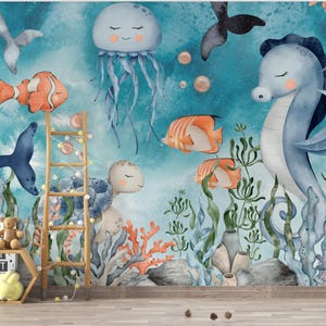 Carta da parati murale con acquerello del mondo marino, pesci dell'oceano, balena, tartaruga, squalo, medusa, carta da parati adesiva per bambini, vivaio autoadesivo, murale sottomarino