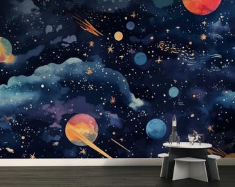 Space Wallpaper Peel and Stick, Kids Nursery Wall Decor, Planets Wallpaper Removable, Blue Outer Space Wall paper Universe Galaxy Wall Woven