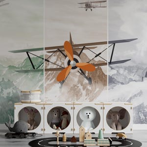 Mountains and Retro Planes Kids Wallpaper, Baby Boy Kids Mural, Customizable Nursery Wallcovering, Peel and Stick Nursery Wall Mural