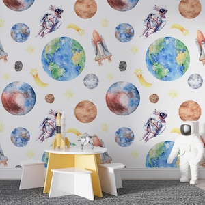 Space Astronaut Planets Wallpaper Watercolor Space Kids Wallpaper Peel And Stick Nursery Wallpaper Space Themed Kids Wall Mural