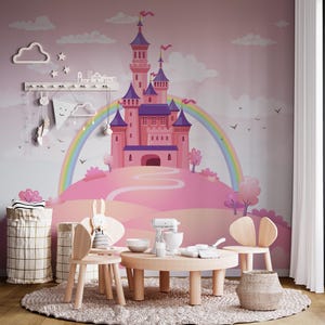 Magic Pink Castle Wallpaper, Peel And Stick, Girls Nursery Wall Mural, Kids Wall Mural Princess Castle