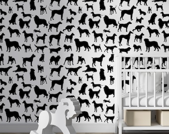 Dog Wallpaper Peel and Stick, Monochrome Animal Line Art, Modern Pets Pattern, Black and White Wall Mural Removable Decor For Home
