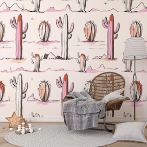 Carta da parati per bambini con cactus, carta da parati per bambini con cactus del deserto dell'Arizona, murale per bambini con acquerello, murale tropicale con sfondo acquerello per bambini