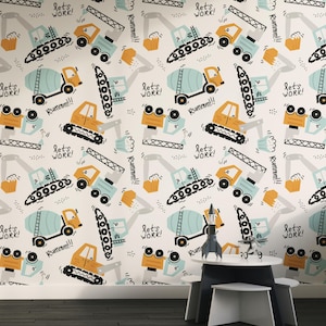 Wallpaper for Boys with Excavators and Cranes, Nursery Wall Mural, Construction Nursery Peel and Stick Wallpaper