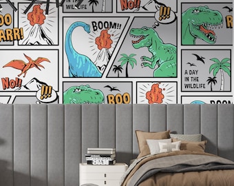 Papier peint dinosaure style bande dessinée, Papier peint dinosaures pour enfants | Joli T-rex Jurassic World, papier peint autocollant, papier peint chambre d'enfant préhistoire
