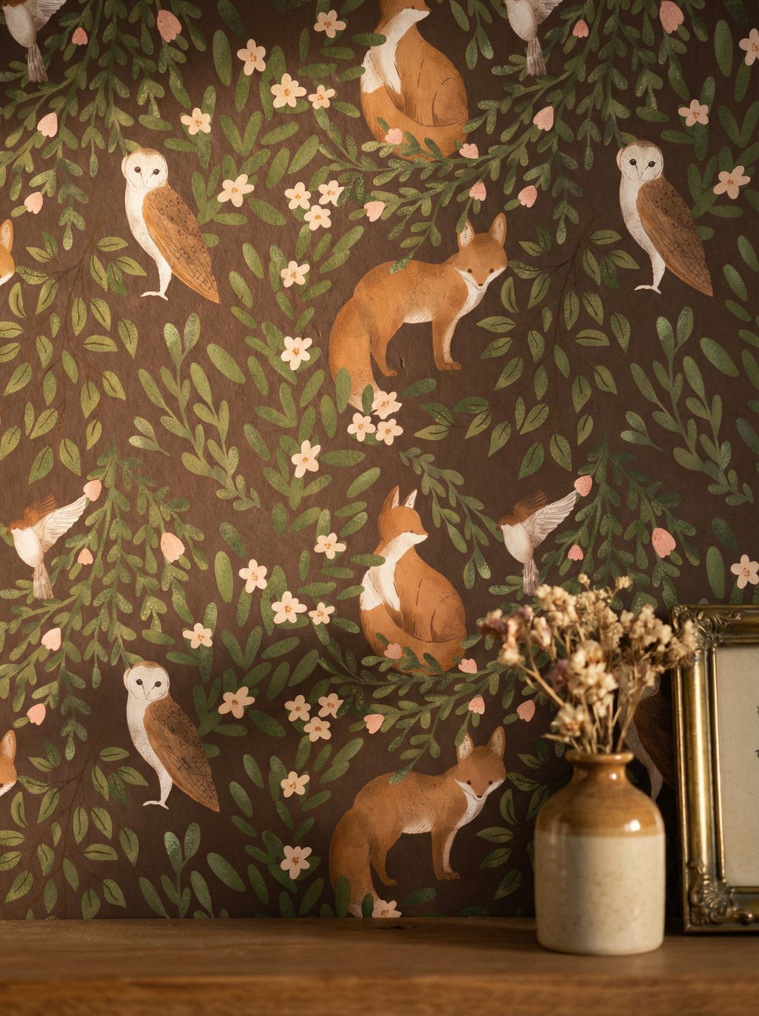 Woodland Animal Nursery Wallpaper: Forest Plants Kids Room Wallpaper ...