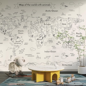 Carta da parati mappa del mondo per bambini, mappa del mondo da viaggio per bambini, carta da parati mappa del mondo in bianco e nero, carta da parati con animali selvatici, carta da parati rimovibile stacca e attacca