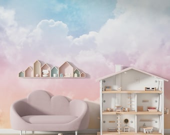Watercolor pastel sky cloud wallpaper, Wallpaper cloud, Wall Mural, Peel and Stick Self Adhesive, Nursery Wallpaper Removable fabric