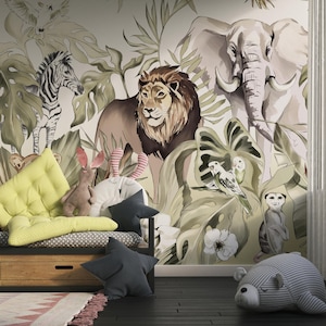 Safari Animals Wallpaper, Nursery Decor, Animal Accent Wall, Giraffe Zebra Nursery Wallpaper, Jungle Themed Wall Mural