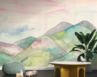 Mountains Forest Mural, Foggy Mountains Peel and Stick Wallpaper, Watercolor Woodland Self Adhesive, Mountains Wallpaper for Unisex Kids