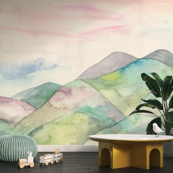 Mural de Montanhas e Floresta, Papel de Parede Autoadesivo com Montanhas Nebulosas, Aquarela de Bosque, Papel de Parede de Montanhas para Crianças Unissex