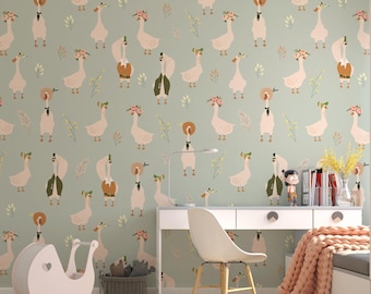 Papel pintado para habitación infantil con diseño de gansos, papel pintado de hadas autoadhesivo para habitación infantil, papel pintado removible estilo campestre, papel pintado de pato de granja n.º 74