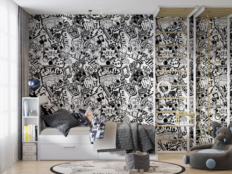 Puede incluir: Papel tapiz gr&aacute;fico en blanco y negro con un tema musical. El papel tapiz presenta notas musicales, guitarras y las palabras "Music", "Cool", "OMG" y "Hey B".
