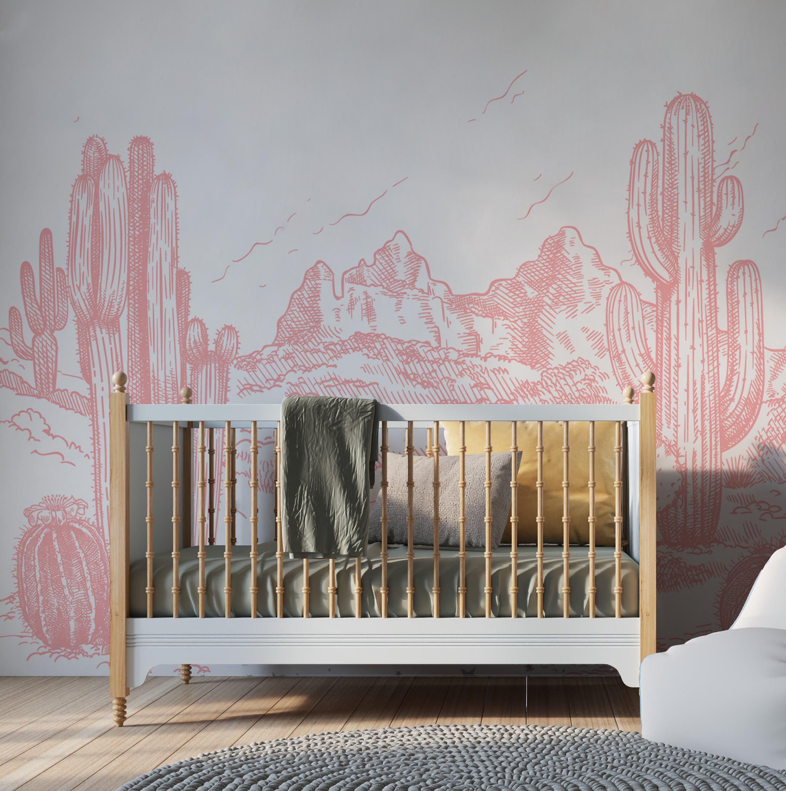 Cactus Desert Ranch Wall Mural, Wallpaper Boho Minimalist Desert Cactus Peel and Stick Removable and Repositionable or Traditional Wallpaper