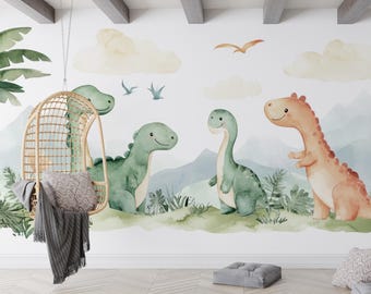 Dinosaurs Kids Colorful Wallpaper, Jurassic World Wall Mural Peel and Stick, Prehistory Animals Nursery Wallpaper