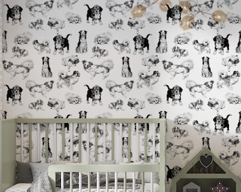 Dog Wall Paper, Nursery Neutral Kids Wallpaper, Kids Room, Removable Wallpaper, Animals Wallpaper, Pets Wallpaper, Nursery Wallpaper