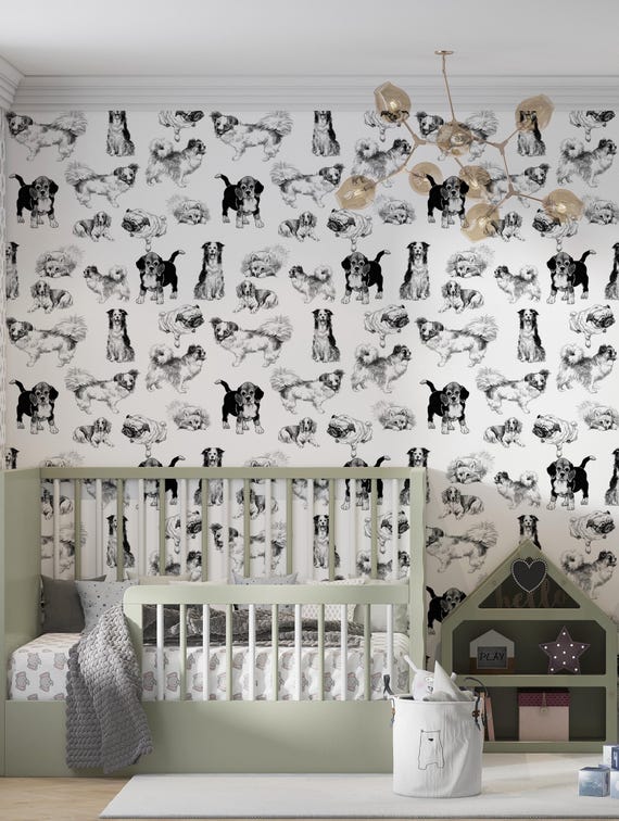 Dog Wall Paper, Nursery Neutral Kids Wallpaper, Kids Room, Removable Wallpaper, Animals Wallpaper, Pets Wallpaper, Nursery Wallpaper