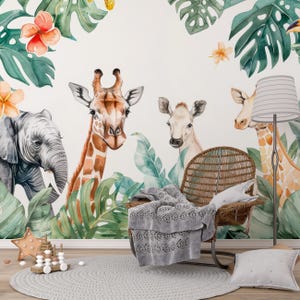 Nursery Peel and Stick Wallpaper, Tropical Jungle Palms Animals, Giraffe Elephant Mural WALL