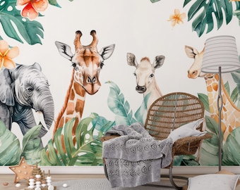 Nursery Peel and Stick Wallpaper, Tropical Jungle Palms Animals, Giraffe Elephant Mural WALL