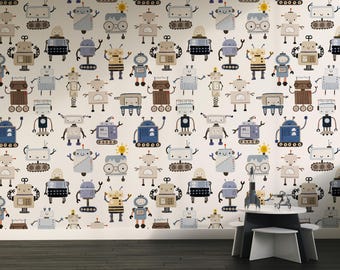 Robot Nursery Wallpaper Mural, Kids Robot Nursery Wallpaper, Custom Nursery Wallpaper, Children&#39;s Nursery Wallpaper, Wallpaper Mural