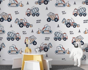 Construction Vehicle Wallpaper, Kids Room Wall Decor, Boys Bedroom Wall Mural, Peel And Stick Wallpaper, Excavator Truck Pattern