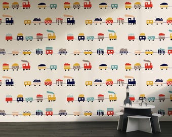 Watercolor Kids Train Wallpaper Nursery Room Decor Playroom, Cartoon Train Peel and Stick Fabric Wallpaper, Removable Kids Room Railroad