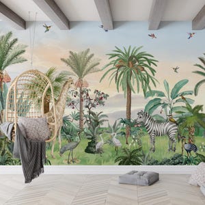 Jungle Safari Animals Tree Peel and Stick Wallpaper, Self Adhesive Nursery Décor Fabric Tropical Decal, Custom Sizes Mural