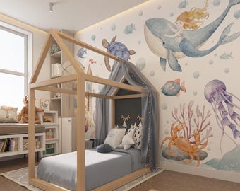 Underwater Fish Kids Wallpaper, Sea Life wallpaper, Coral Reef mural print, Peel & Stick or Non-Pasted