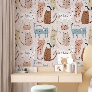 Carta da parati con gatti, carta da parati con gattini, carta da parati per camerette dei bambini, decorazioni per camerette con animali, cameretta dei bambini, carta da parati con design scandinavo minimalista