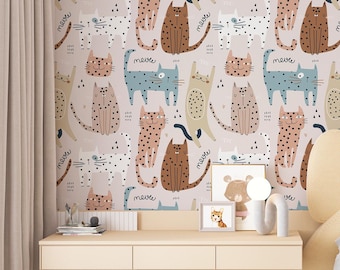 Katzen Tapete, Kätzchen Tapete, Kinderzimmer Tapete, Tier Kinderzimmer Dekor, Kinderzimmer, Minimalistisches skandinavisches Design-Tapete