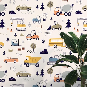 Construction Car and Truck Wallpaper, Nursery Decor, Watercolor Wall Art, Kids Room Decal, Non-woven or Removable Wallpaper, excavator
